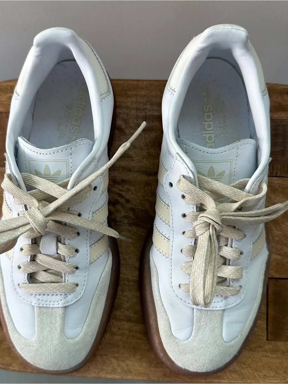 adidas Samba Leather Sneaker in White and Cream with Gum Sole - Picture 5 of 7